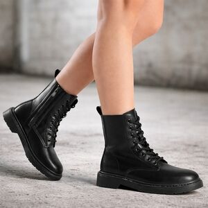 Black Combat Boots Women Size 7.5 8 Chunky Lug Sole Lace Up Side Zip Goth Grunge